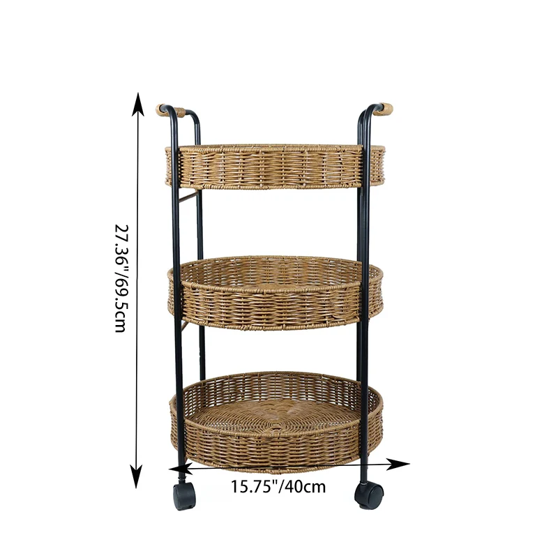 Modern Minimalist PE Rattan Carbon Steel Round Movable Weaving Side Table 3-Tier For Living Room