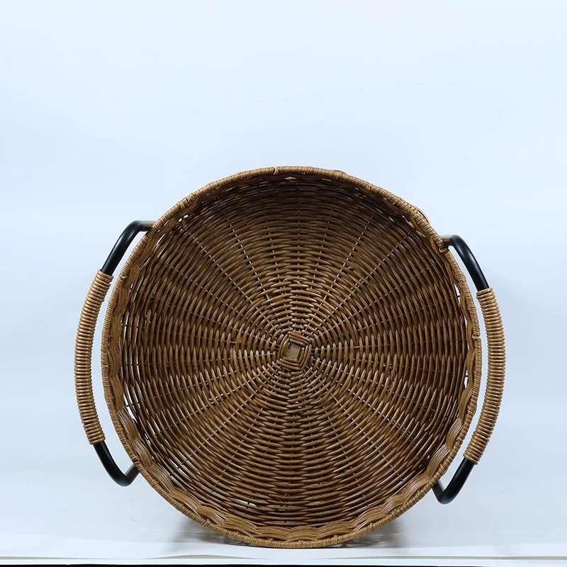 Modern Minimalist PE Rattan Carbon Steel Round Movable Weaving Side Table 3-Tier For Living Room