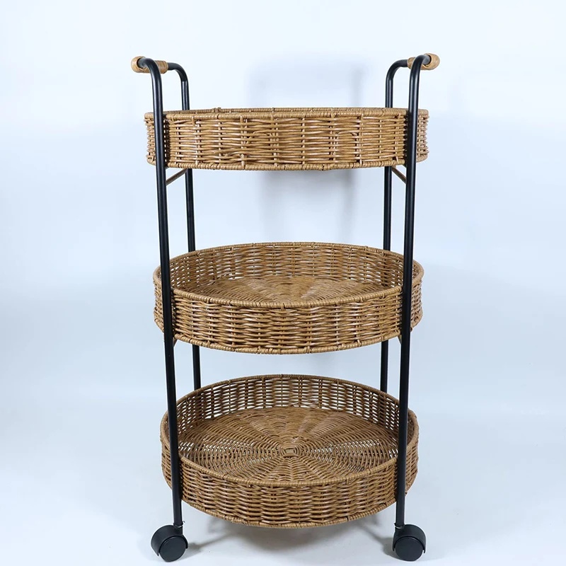 Modern Minimalist PE Rattan Carbon Steel Round Movable Weaving Side Table 3-Tier For Living Room