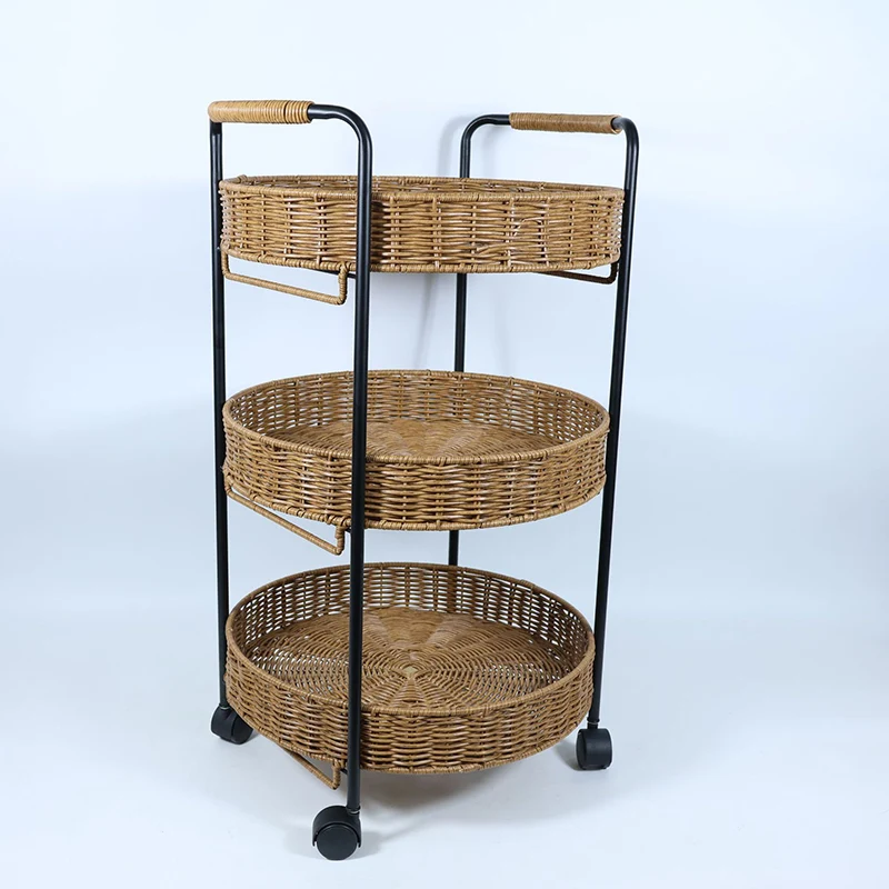 Modern Minimalist PE Rattan Carbon Steel Round Movable Weaving Side Table 3-Tier For Living Room
