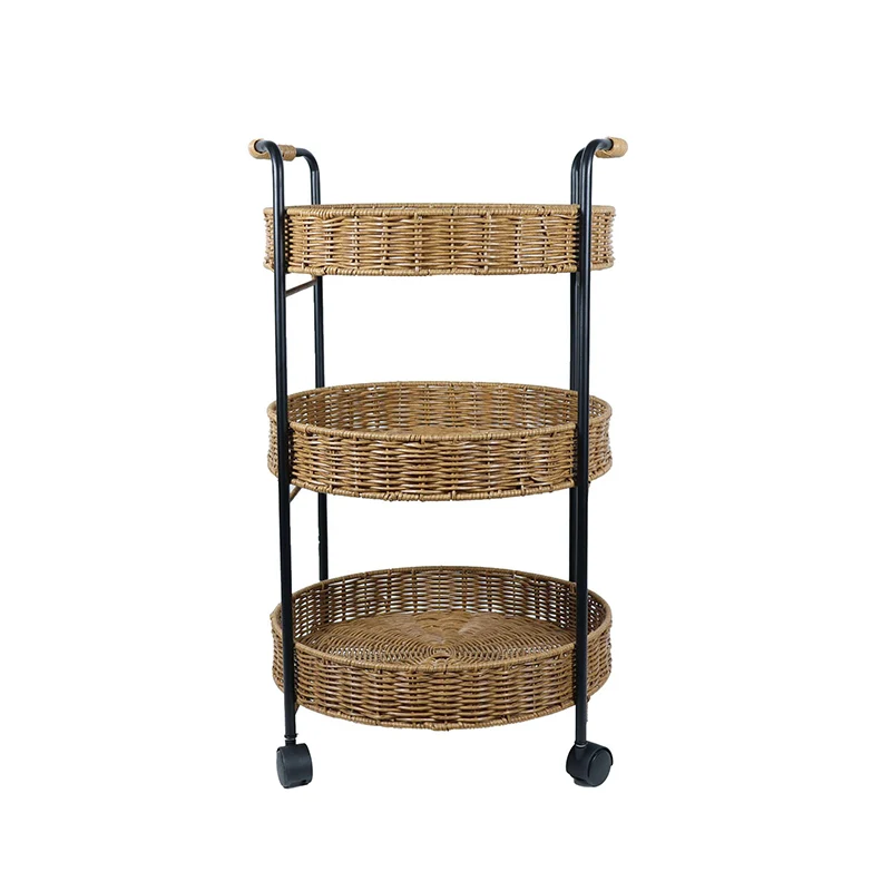 Modern Minimalist PE Rattan Carbon Steel Round Movable Weaving Side Table 3-Tier For Living Room