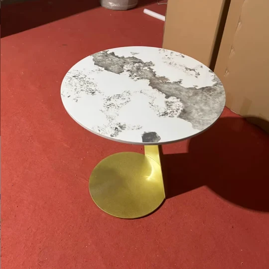 Contemporary Scandinavian Sintered Stone Iron Round Curved Side Table With 1 Tier For Living Room