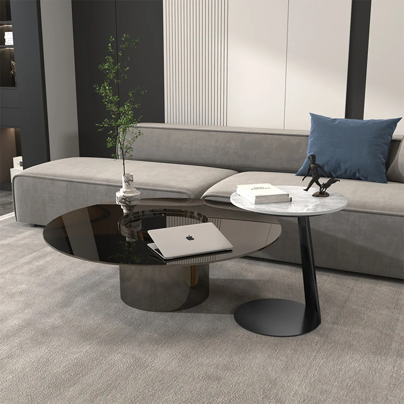 Contemporary Scandinavian Sintered Stone Iron Round Curved Side Table With 1 Tier For Living Room