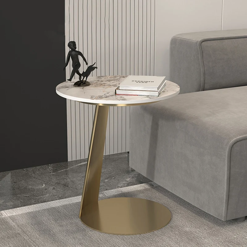 Contemporary Scandinavian Sintered Stone Iron Round Curved Side Table With 1 Tier For Living Room