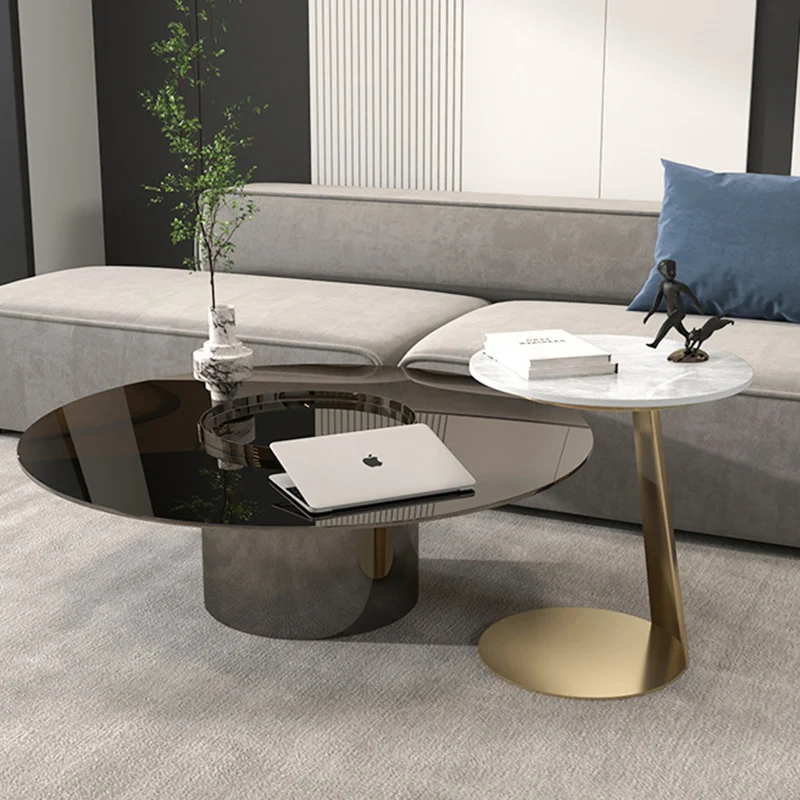 Contemporary Scandinavian Sintered Stone Iron Round Curved Side Table With 1 Tier For Living Room