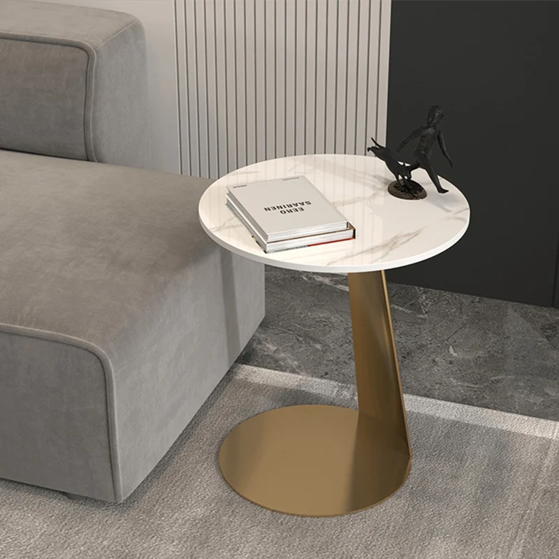 Contemporary Scandinavian Sintered Stone Iron Round Curved Side Table With 1 Tier For Living Room