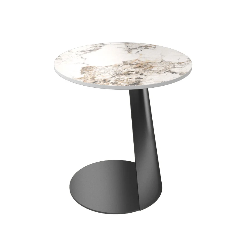 Contemporary Scandinavian Sintered Stone Iron Round Curved Side Table With 1 Tier For Living Room