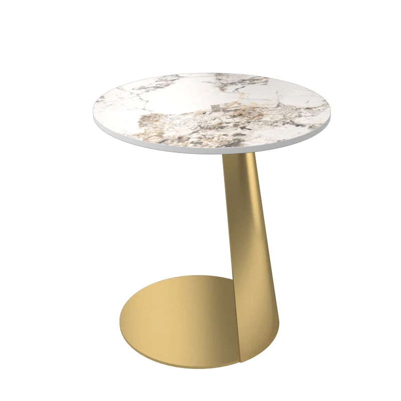 Contemporary Scandinavian Sintered Stone Iron Round Curved Side Table With 1 Tier For Living Room