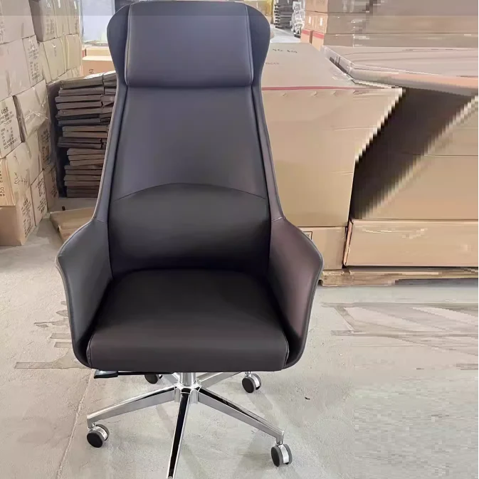 Contemporary Scandinavian Faux Leather Chrome Steel Curved Square Five-Star Desk Chair With Backrest Armrest For Home Office