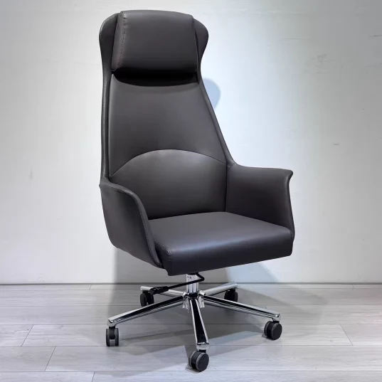 Contemporary Scandinavian Faux Leather Chrome Steel Curved Square Five-Star Desk Chair With Backrest Armrest For Home Office