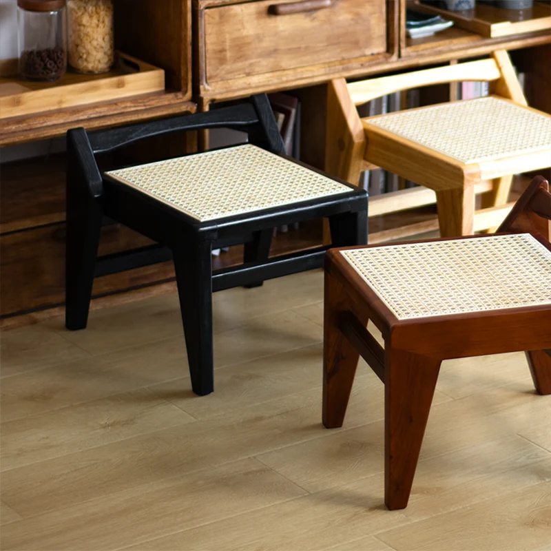 Traditional Rustic Toona Wood Rattan Weaving Trapezoidal Lightweight Portable Low Stool Backless Armless For Entryway & Hallway