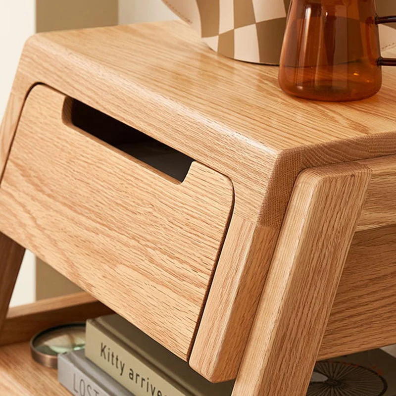Traditional Rustic Red Oak Paulownia Wood Trapezoid Stackable Portable Side Table 1-Drawer For Living Room