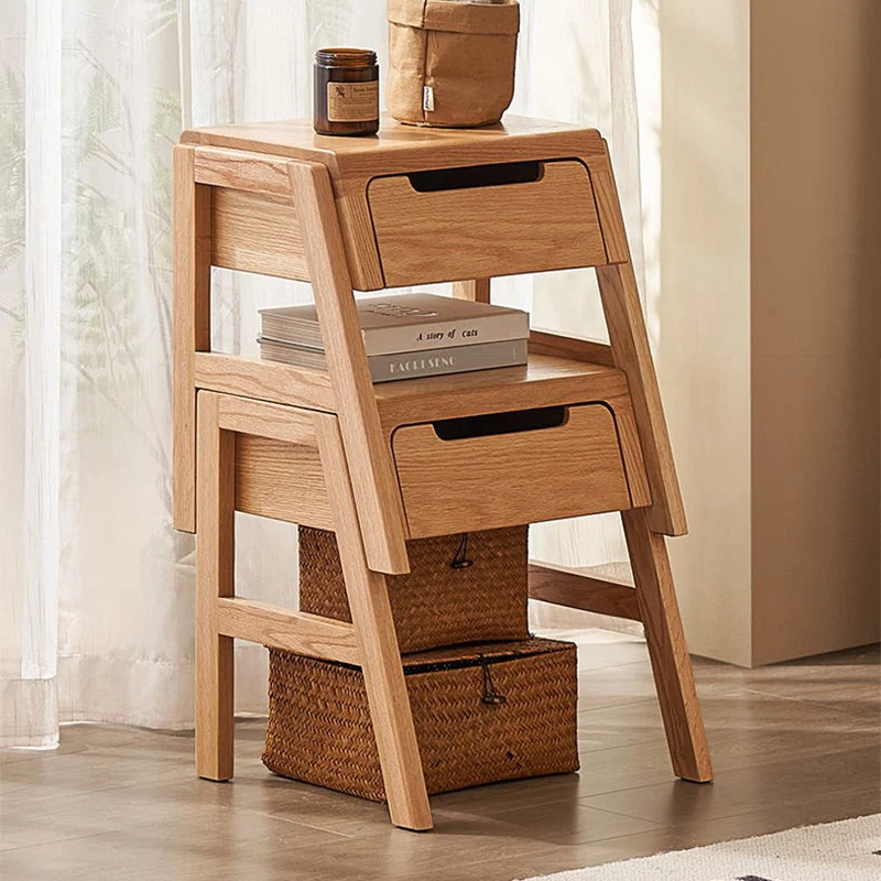Traditional Rustic Red Oak Paulownia Wood Trapezoid Stackable Portable Side Table 1-Drawer For Living Room