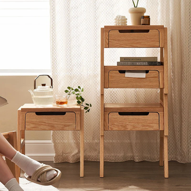 Traditional Rustic Red Oak Paulownia Wood Trapezoid Stackable Portable Side Table 1-Drawer For Living Room