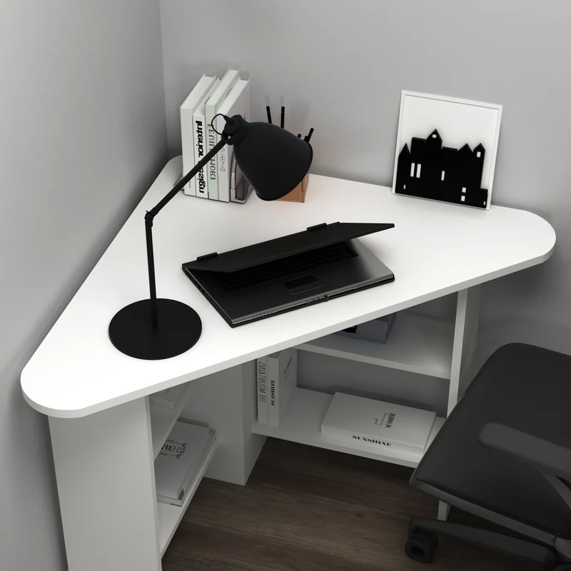 Modern Corner Computer Desk with 4 Shelves, Triangle Oval Edge, 105 cm