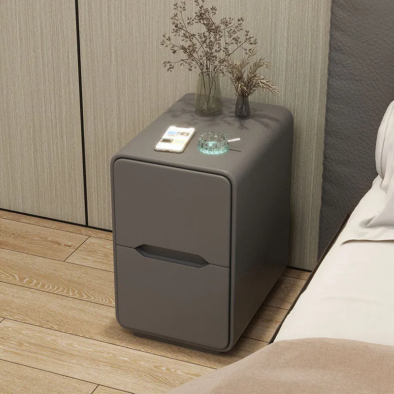 Contemporary Nordic Narrow Rectangular MDF Pine Wood Plywood Cat Scratching Leather Nightstand 2-Drawer For Bedroom