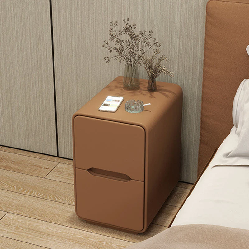 Contemporary Nordic Narrow Rectangular MDF Pine Wood Plywood Cat Scratching Leather Nightstand 2-Drawer For Bedroom