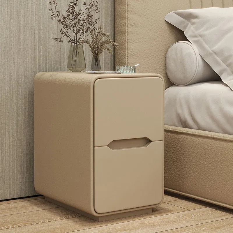 Contemporary Nordic Narrow Rectangular MDF Pine Wood Plywood Cat Scratching Leather Nightstand 2-Drawer For Bedroom