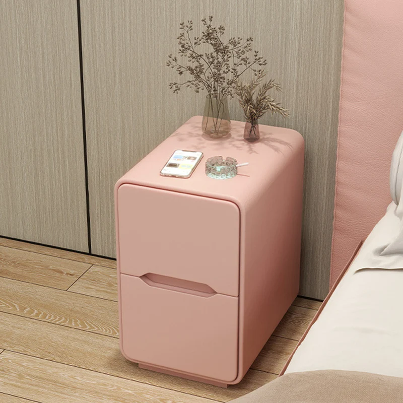 Contemporary Nordic Narrow Rectangular MDF Pine Wood Plywood Cat Scratching Leather Nightstand 2-Drawer For Bedroom