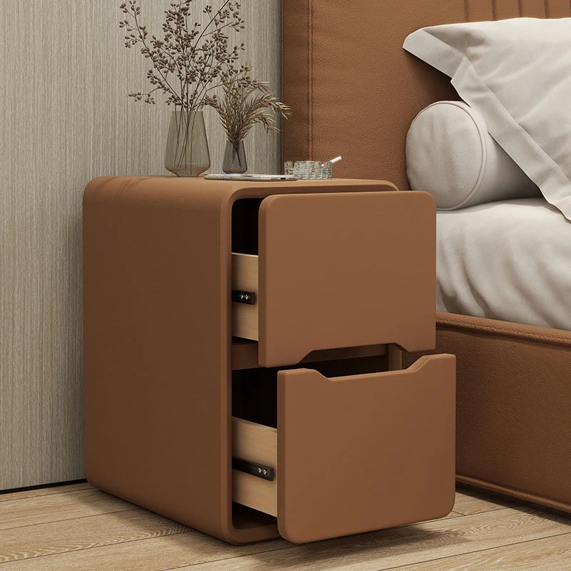 Contemporary Nordic Narrow Rectangular MDF Pine Wood Plywood Cat Scratching Leather Nightstand 2-Drawer For Bedroom