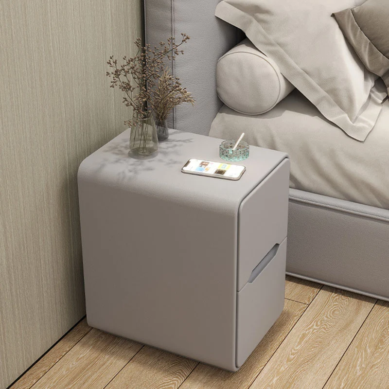 Contemporary Nordic Narrow Rectangular MDF Pine Wood Plywood Cat Scratching Leather Nightstand 2-Drawer For Bedroom