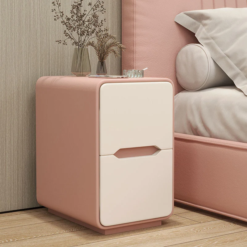 Contemporary Nordic Narrow Rectangular MDF Pine Wood Plywood Cat Scratching Leather Nightstand 2-Drawer For Bedroom