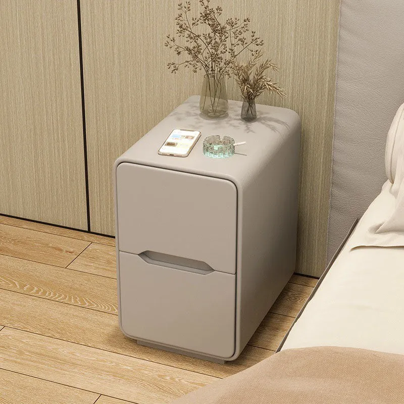 Contemporary Nordic Narrow Rectangular MDF Pine Wood Plywood Cat Scratching Leather Nightstand 2-Drawer For Bedroom