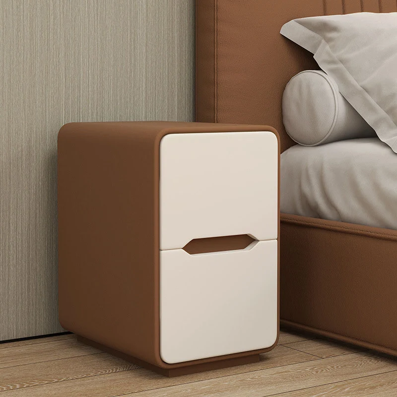 Contemporary Nordic Narrow Rectangular MDF Pine Wood Plywood Cat Scratching Leather Nightstand 2-Drawer For Bedroom
