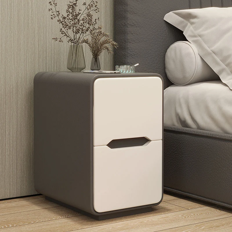 Contemporary Nordic Narrow Rectangular MDF Pine Wood Plywood Cat Scratching Leather Nightstand 2-Drawer For Bedroom