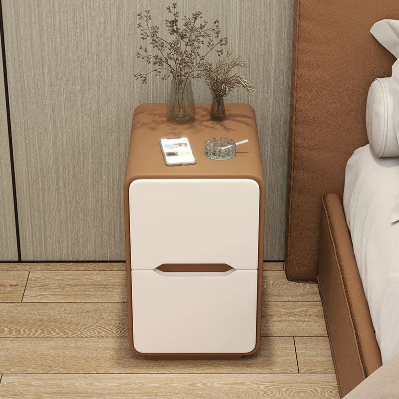 Contemporary Nordic Narrow Rectangular MDF Pine Wood Plywood Cat Scratching Leather Nightstand 2-Drawer For Bedroom