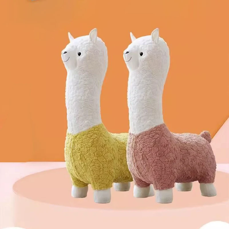 Contemporary Creative Cartoon Alpaca Sherpa Fabric Pine Wood Kids Low Stool Backless Armless For Living Room