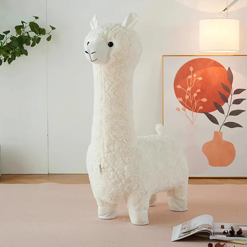 Contemporary Creative Cartoon Alpaca Sherpa Fabric Pine Wood Kids Low Stool Backless Armless For Living Room