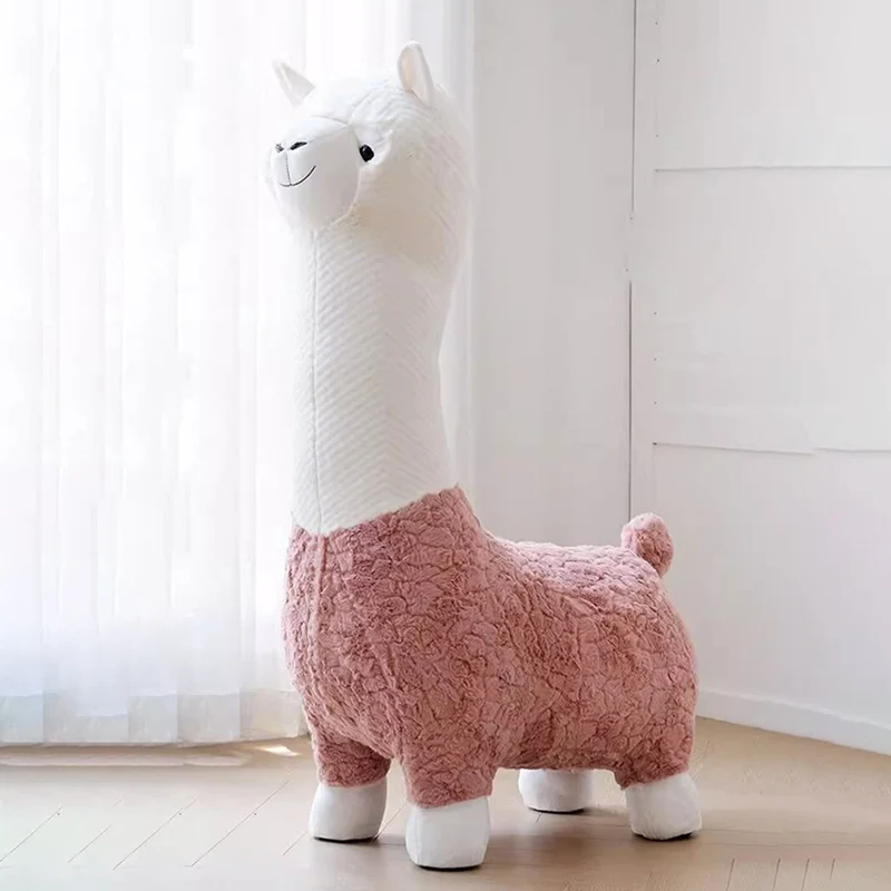 Contemporary Creative Cartoon Alpaca Sherpa Fabric Pine Wood Kids Low Stool Backless Armless For Living Room