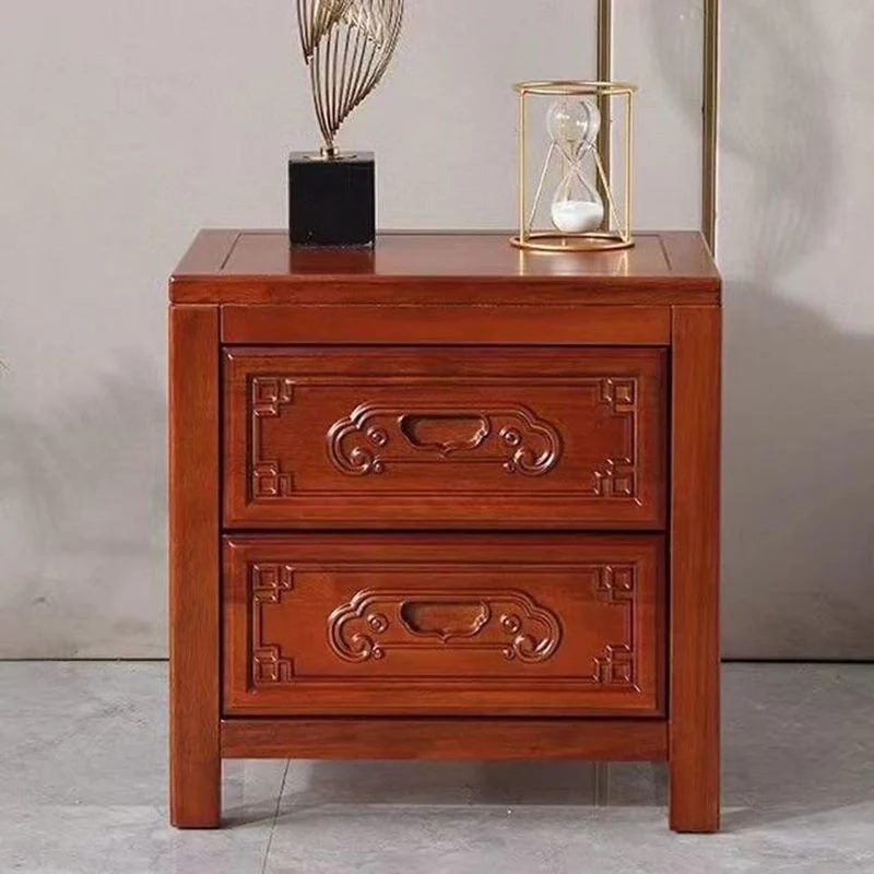Traditional Chinese Ancient-Style Carvings Square Rubberwood Nightstand 2-Drawer For Bedroom