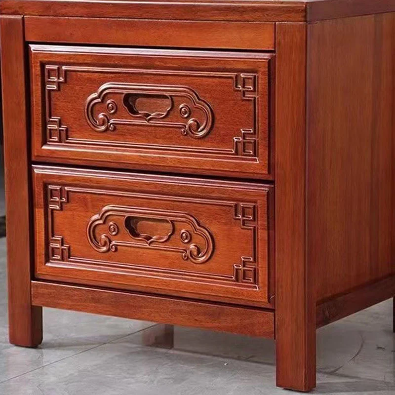 Traditional Chinese Ancient-Style Carvings Square Rubberwood Nightstand 2-Drawer For Bedroom