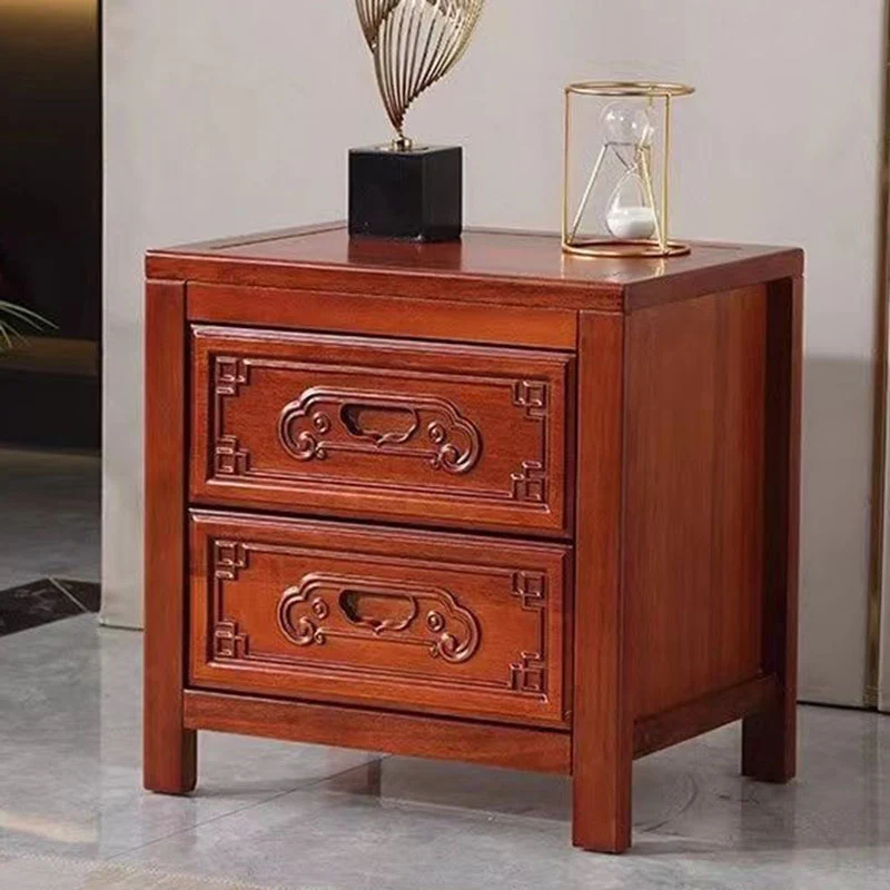 Traditional Chinese Ancient-Style Carvings Square Rubberwood Nightstand 2-Drawer For Bedroom