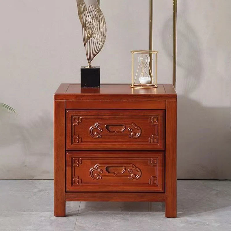 Traditional Chinese Ancient-Style Carvings Square Rubberwood Nightstand 2-Drawer For Bedroom
