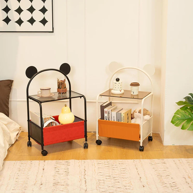 Contemporary Creative Bear Ears Rectangular Tempered Glass Iron Faux Leather PVC Movable Snacks Storage Shelf 2/3/4-Tier For Living Room