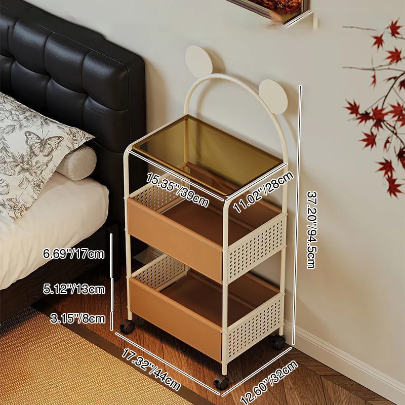 Contemporary Creative Bear Ears Rectangular Tempered Glass Iron Faux Leather PVC Movable Snacks Storage Shelf 2/3/4-Tier For Living Room