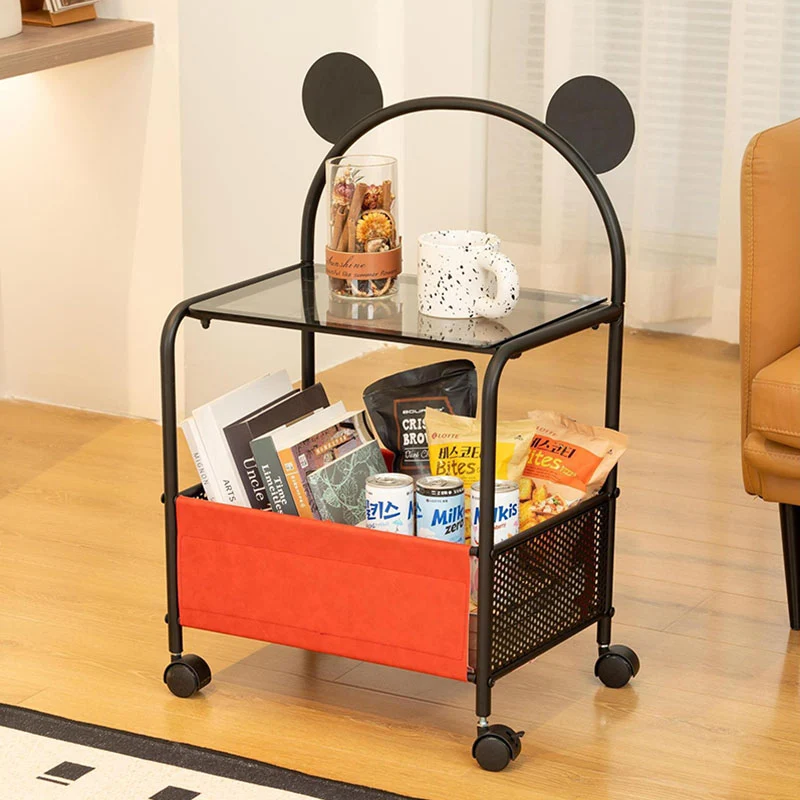 Contemporary Creative Bear Ears Rectangular Tempered Glass Iron Faux Leather PVC Movable Snacks Storage Shelf 2/3/4-Tier For Living Room