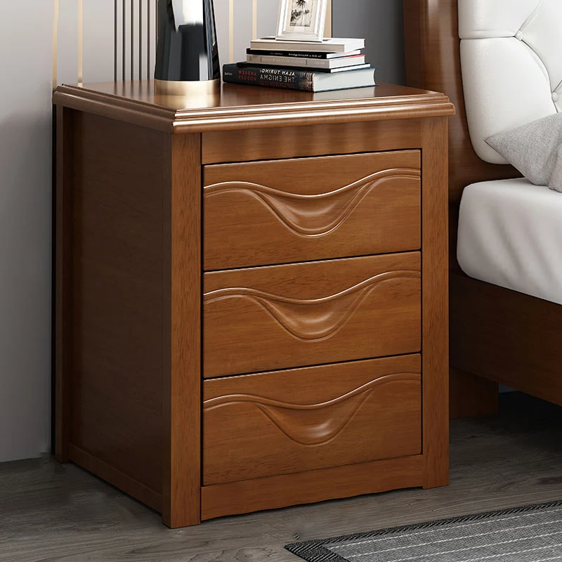 Traditional Chinese Rectangular Solid Wood MDF Safety Lock Nightstand 3-Drawer For Bedroom
