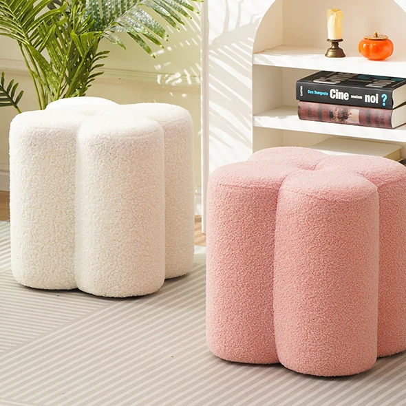 Traditional French Cylinder Petal Plywood Pine Wood Teddy Fleece Sponge Low Stool Backless Armless For Hallway