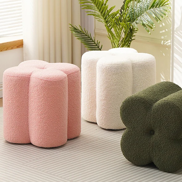Traditional French Cylinder Petal Plywood Pine Wood Teddy Fleece Sponge Low Stool Backless Armless For Hallway