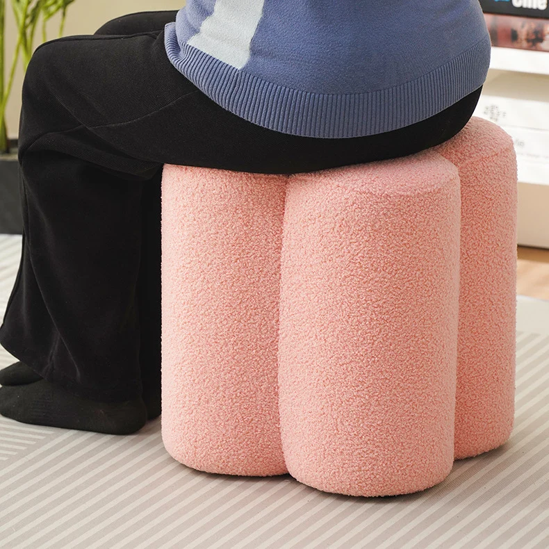 Traditional French Cylinder Petal Plywood Pine Wood Teddy Fleece Sponge Low Stool Backless Armless For Hallway