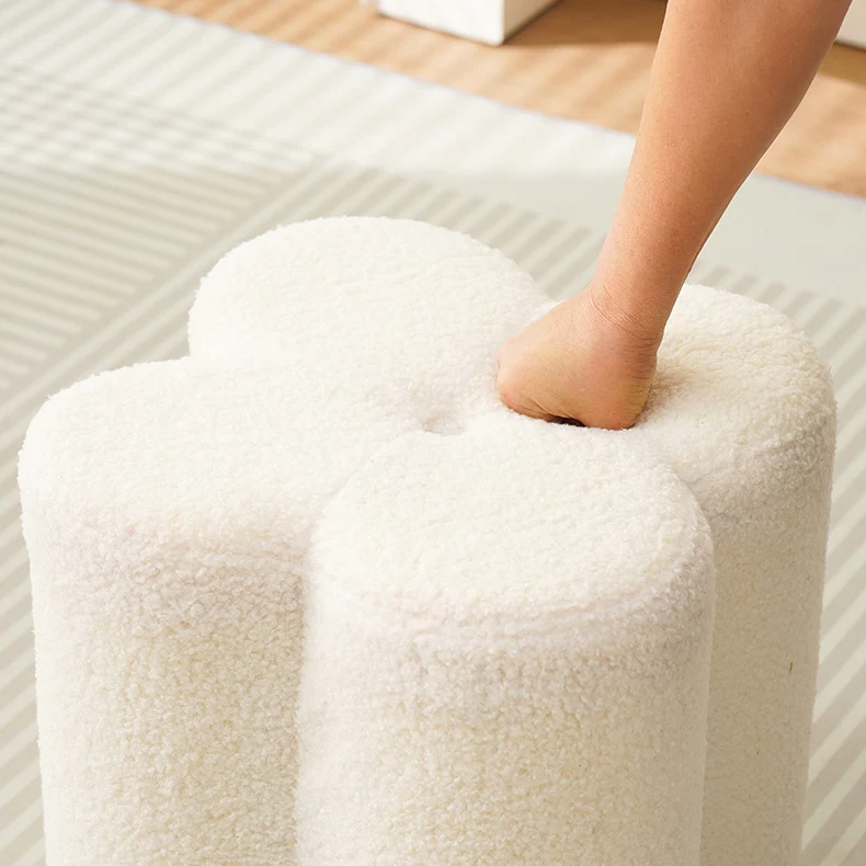 Traditional French Cylinder Petal Plywood Pine Wood Teddy Fleece Sponge Low Stool Backless Armless For Hallway