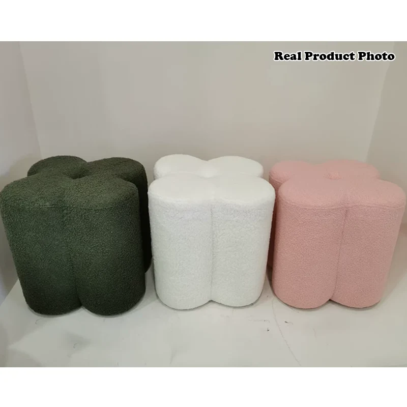 Traditional French Cylinder Petal Plywood Pine Wood Teddy Fleece Sponge Low Stool Backless Armless For Hallway