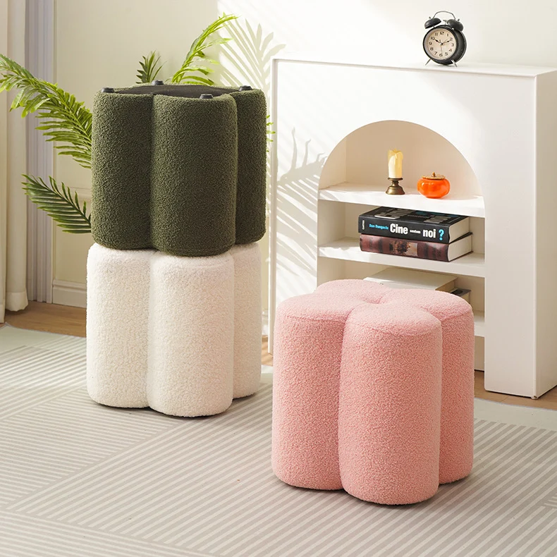 Traditional French Cylinder Petal Plywood Pine Wood Teddy Fleece Sponge Low Stool Backless Armless For Hallway
