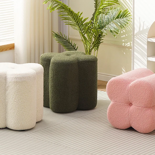 Traditional French Cylinder Petal Plywood Pine Wood Teddy Fleece Sponge Low Stool Backless Armless For Hallway