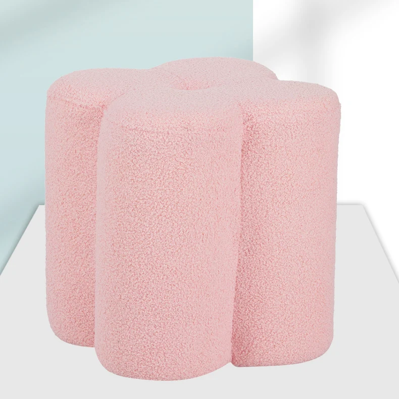Traditional French Cylinder Petal Plywood Pine Wood Teddy Fleece Sponge Low Stool Backless Armless For Hallway