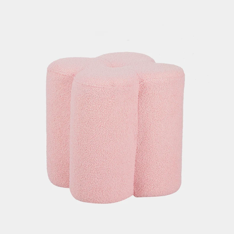 Traditional French Cylinder Petal Plywood Pine Wood Teddy Fleece Sponge Low Stool Backless Armless For Hallway